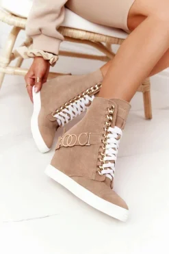 Damskie Zamszowe Sneakersy BOOCI Złote Litery Jasny Camel