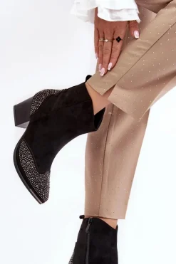 Damskie Zdobione Botki Kowbojki Na Słupku Czarne Eleduana