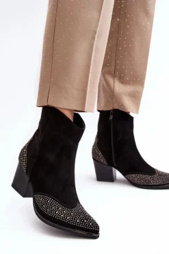 Damskie Zdobione Botki Kowbojki Na Słupku Czarne Eleduana