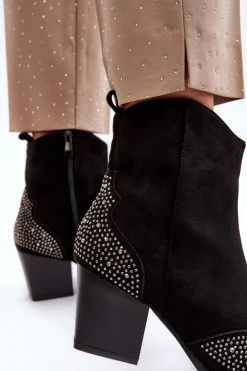 Damskie Zdobione Botki Kowbojki Na Słupku Czarne Eleduana