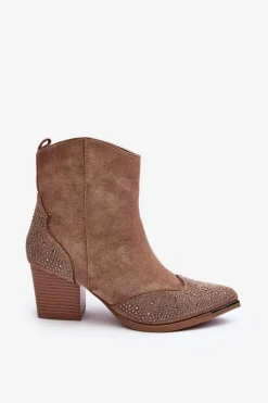 Damskie Zdobione Botki Kowbojki Na Słupku Beżowe Eleduana