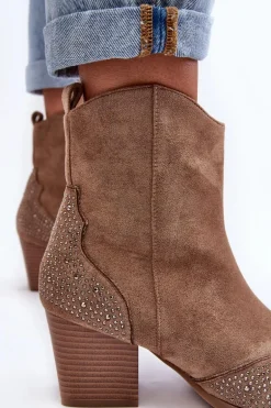 Damskie Zdobione Botki Kowbojki Na Słupku Beżowe Eleduana