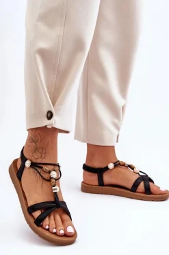 Damskie Zdobione Błyszczące Sandały Czarne Midol