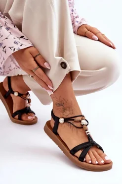 Damskie Zdobione Błyszczące Sandały Czarne Midol