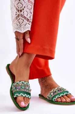 Damskie Zdobione Klapki Zielone Bellisa