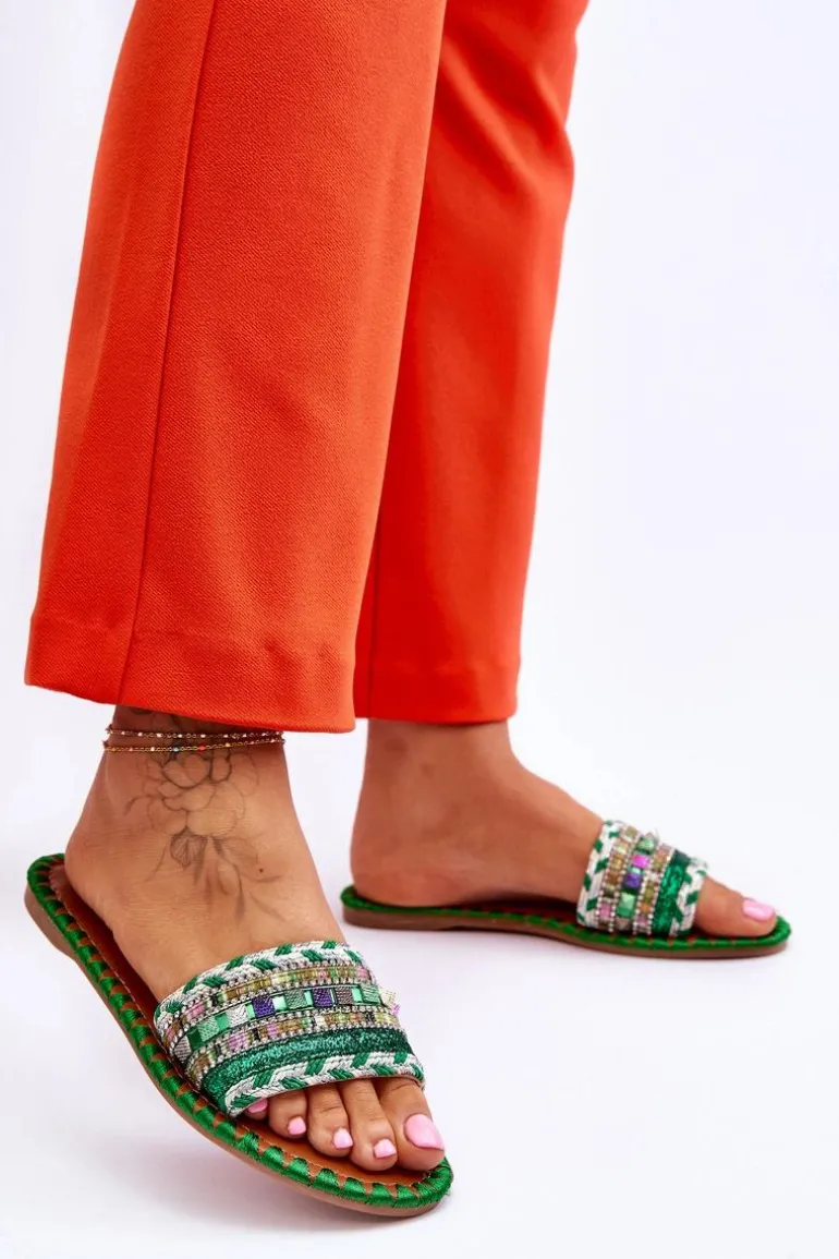 Damskie Zdobione Klapki Zielone Bellisa