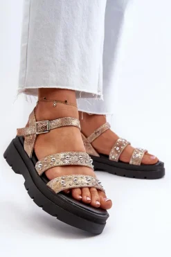 Damskie Zdobione Sandały Eko Skóra Złoto-Beżowe Arcida