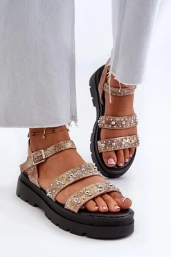 Damskie Zdobione Sandały Eko Skóra Złoto-Beżowe Arcida