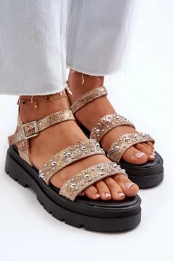 Damskie Zdobione Sandały Eko Skóra Złoto-Beżowe Arcida