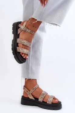 Damskie Zdobione Sandały Eko Skóra Złoto-Beżowe Arcida