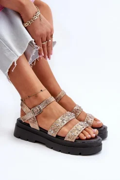 Damskie Zdobione Sandały Eko Skóra Złoto-Beżowe Arcida