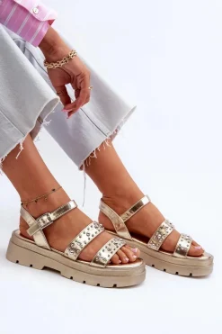 Damskie Zdobione Sandały Eko Skóra Złote Arcida
