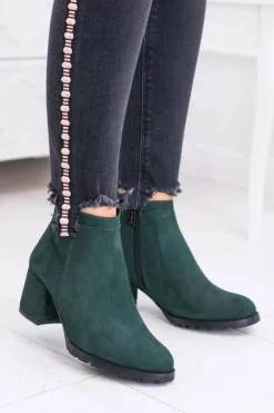 Damskie Zielone Skórzane Botki Na Słupku Nicole