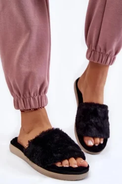 Domowe Papcie Klapki Z Futerkiem Inblu EK-05-014 Czarne