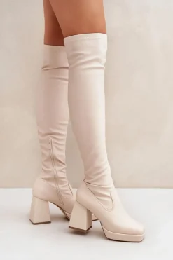 Dopasowane Kozaki Za Kolano Na Słupku Jasnobeżowe Sanniraen