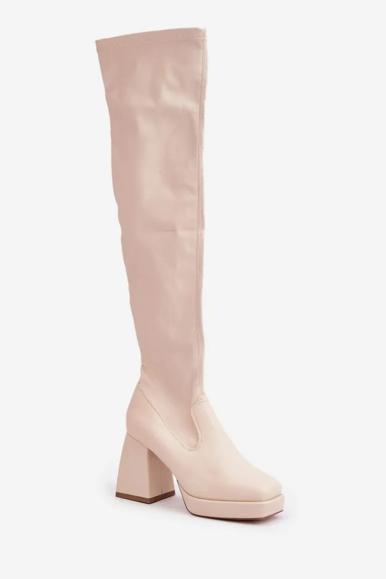 Dopasowane Kozaki Za Kolano Na Słupku Jasnobeżowe Sanniraen