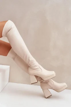 Dopasowane Kozaki Za Kolano Na Słupku Jasnobeżowe Sanniraen