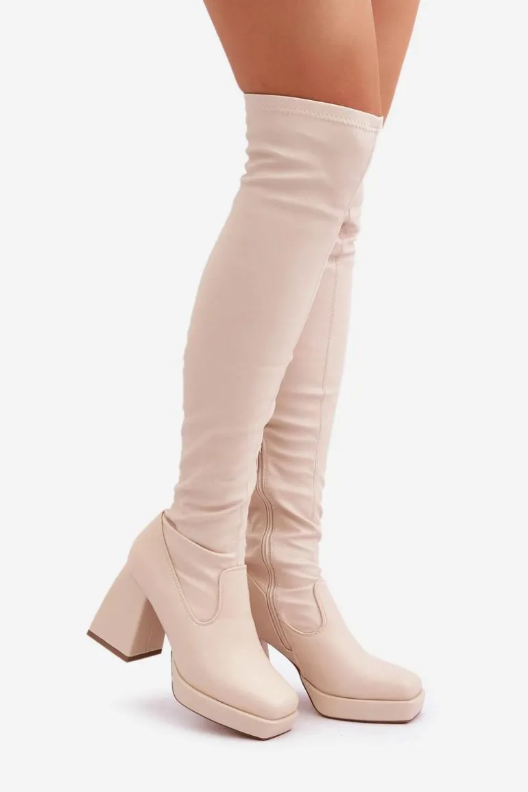 Dopasowane Kozaki Za Kolano Na Słupku Jasnobeżowe Sanniraen