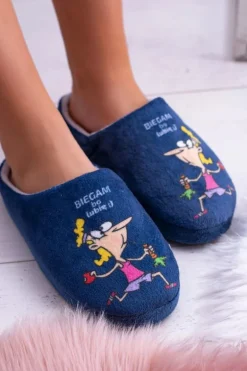 Dreex Pluszowe Damskie Granatowe Papcie Biegam Bo Lubię