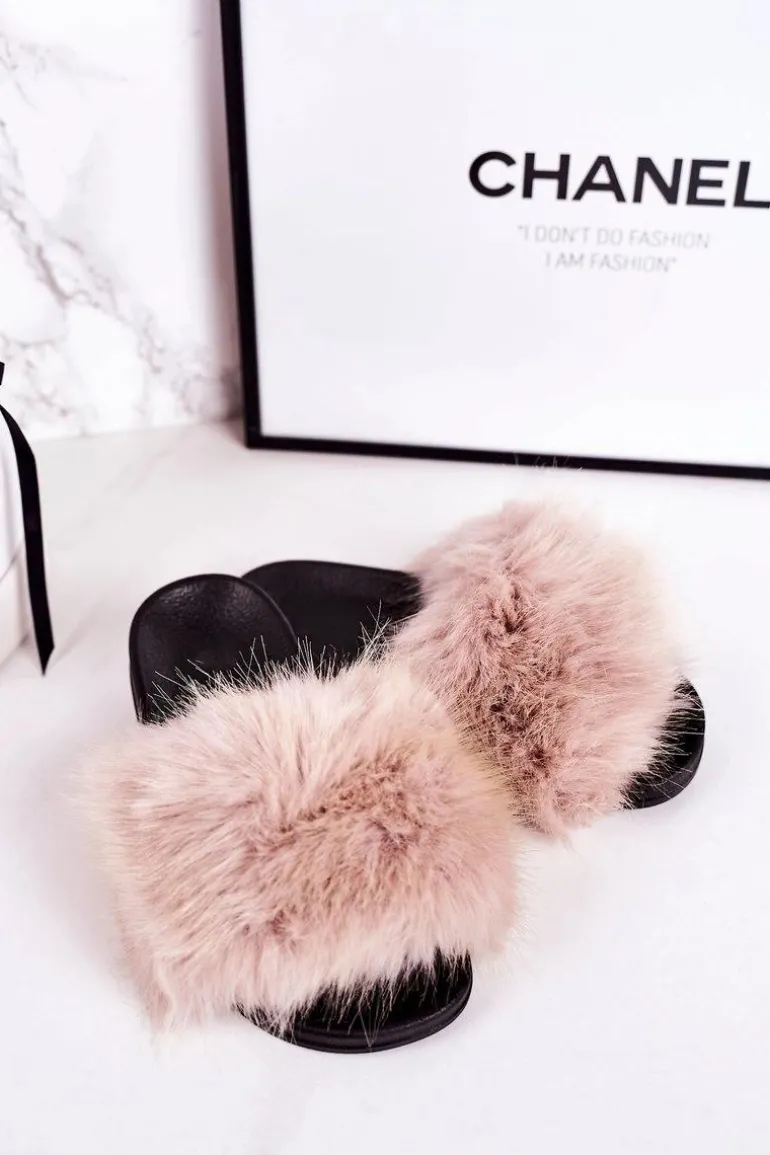 Dziecięce Klapki Z Futerkiem Beżowe Fashionista