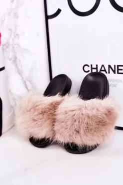 Dziecięce Klapki Z Futerkiem Beżowe Fashionista