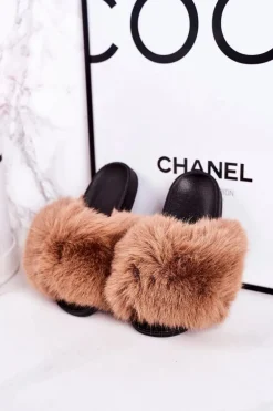 Dziecięce Klapki Z Futerkiem Jasny Brąz Fashionista