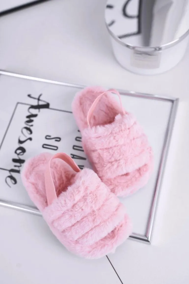 Dziecięce klapki z futerkiem i gumką różowe Fluffy