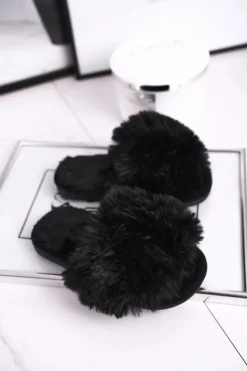 Dziecięce Papcie Klapki z Futerkiem Czarne Snow Ball