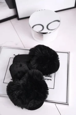 Dziecięce Papcie Klapki z Futerkiem Czarne Snow Ball