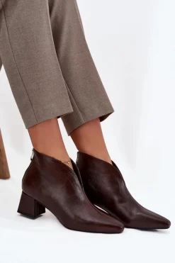 Eko Skórzane Botki Damskie Na Obcasie Czekoladowe Rylina