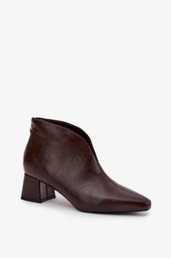 Eko Skórzane Botki Damskie Na Obcasie Czekoladowe Rylina