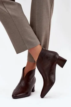 Eko Skórzane Botki Damskie Na Obcasie Czekoladowe Rylina