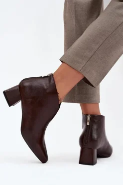 Eko Skórzane Botki Damskie Na Obcasie Czekoladowe Rylina