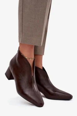 Eko Skórzane Botki Damskie Na Obcasie Czekoladowe Rylina