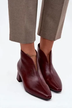 Eko Skórzane Botki Damskie Na Obcasie Bordowe Rylina
