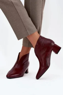 Eko Skórzane Botki Damskie Na Obcasie Bordowe Rylina