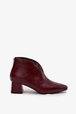 Eko Skórzane Botki Damskie Na Obcasie Bordowe Rylina