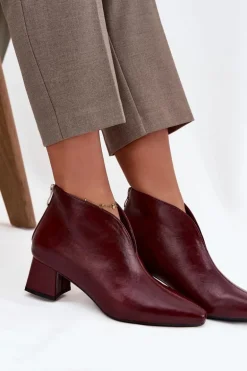 Eko Skórzane Botki Damskie Na Obcasie Bordowe Rylina