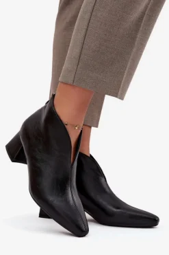 Eko Skórzane Botki Damskie Na Obcasie Czarne Rylina