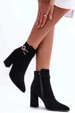 Eko Skórzane Botki Na Słupku Z Ozdobą Czarne Lymall