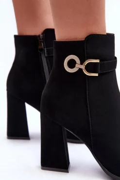 Eko Skórzane Botki Na Słupku Z Ozdobą Czarne Lymall