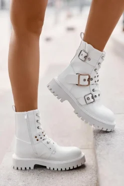 Eko Skórzane Botki Workery Z Klamrami Białe Serizia