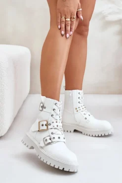 Eko Skórzane Botki Workery Z Klamrami Białe Serizia