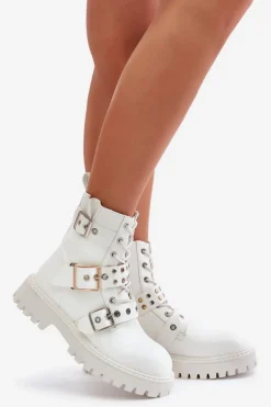Eko Skórzane Botki Workery Z Klamrami Białe Serizia