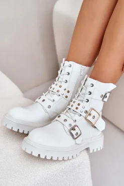 Eko Skórzane Botki Workery Z Klamrami Białe Serizia