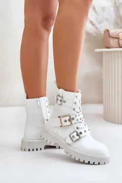Eko Skórzane Botki Workery Z Klamrami Białe Serizia