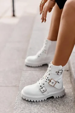 Eko Skórzane Botki Workery Z Klamrami Białe Serizia