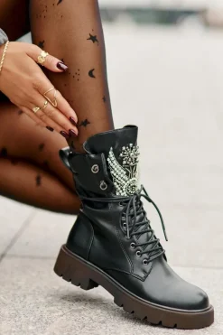 Eko Skórzane Botki Workery Ze Zdobieniem Ocieplane D&A MR880-080 Czarne