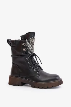 Eko Skórzane Botki Workery Ze Zdobieniem Ocieplane D&A MR880-080 Czarne