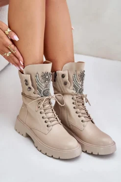 Eko Skórzane Botki Workery Ze Zdobieniem Ocieplane D&A MR880-080 Beżowe